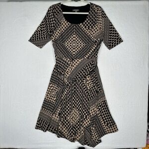 Roz & Ali Houndstooth Fit & Flare Belted Dress Size 14 Career Office Mod Stretch